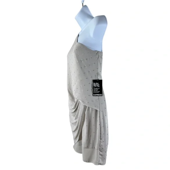 NWT‎ Express Spaghetti Strap Rhinestone One Shoulder Beige Bodycon Dress Size 0 - Picture 6 of 9